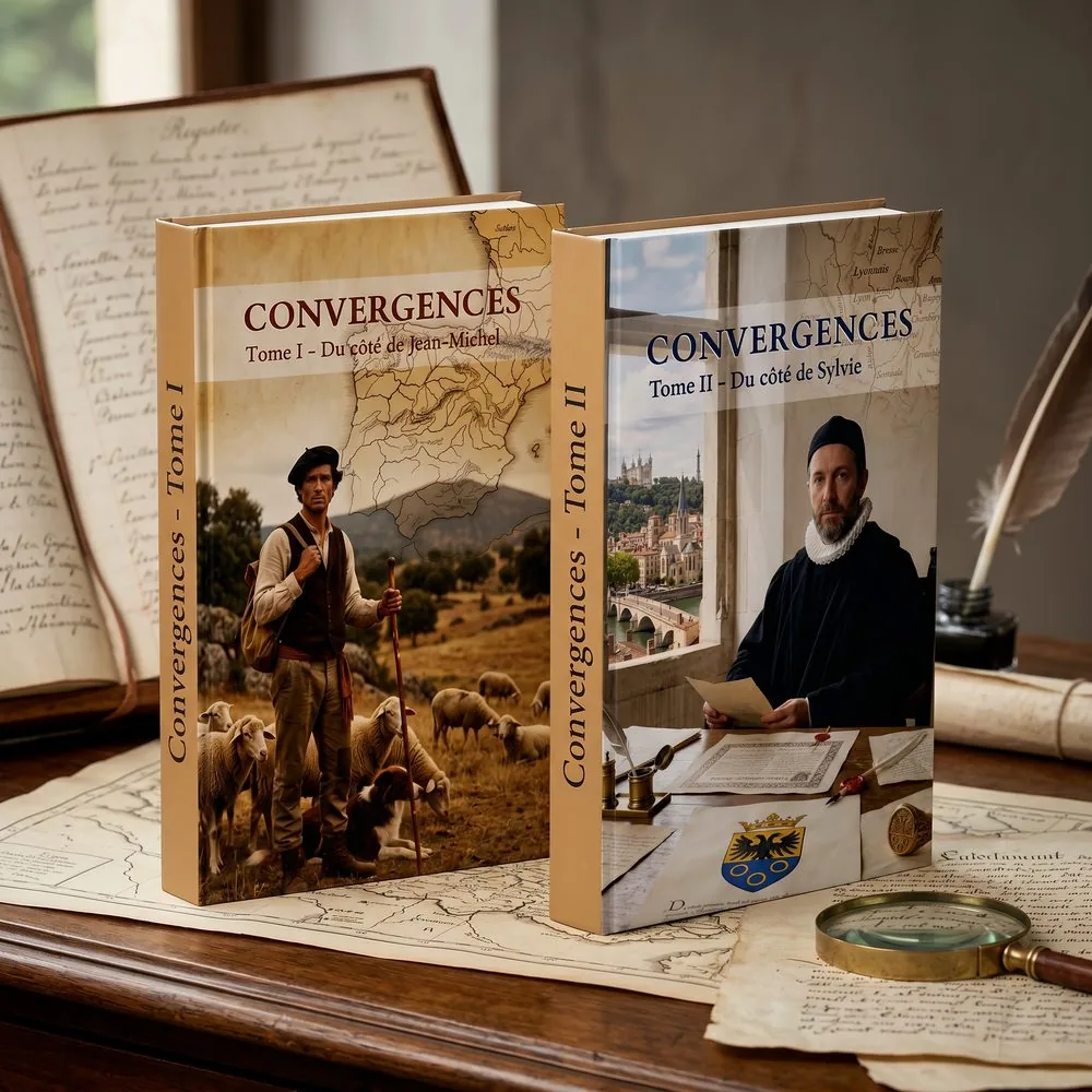 Die zwei Bände von „Convergences“ auf einem Schreibtisch mit Archivdokumenten